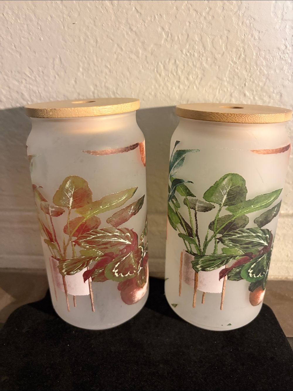 Frosted Glass Plant Canister with Bamboo Lid - Green and Gold